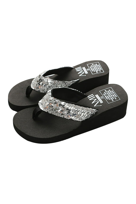 Women Slide Sandals Women Summer Fashion Sequin Flip-flops with Slide Beach Sandals Silver 5.5(36)