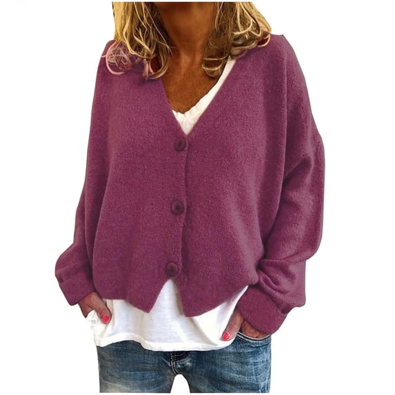 LoyisViDion Women Solid Color Casual Long Sleeve Knitted Cardigan Sweater Coat Wine 10(XL)