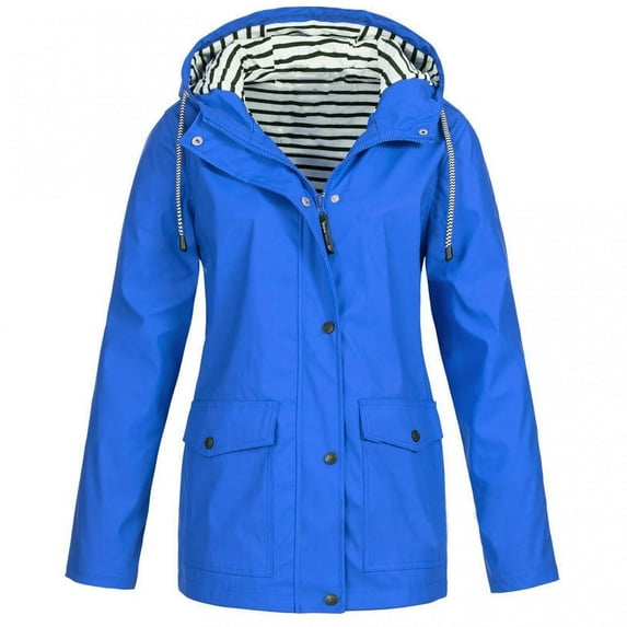 LoyisViDion Women Solid Rain Jacket Outdoor Plus Size Waterproof Hooded Raincoat Windproof Blue 16(XXL)