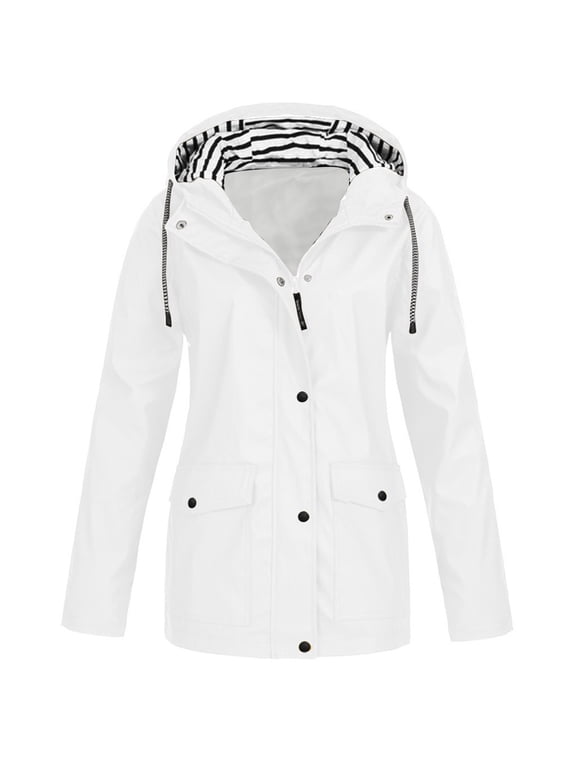 Women Solid Rain Jacket Outdoor Plus Size Waterproof Hooded Raincoat Windproof White 12(L)