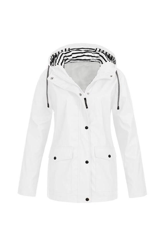 LoyisViDion Women Solid Rain Jacket Outdoor Plus Size Waterproof Hooded Raincoat Windproof White 12(L)
