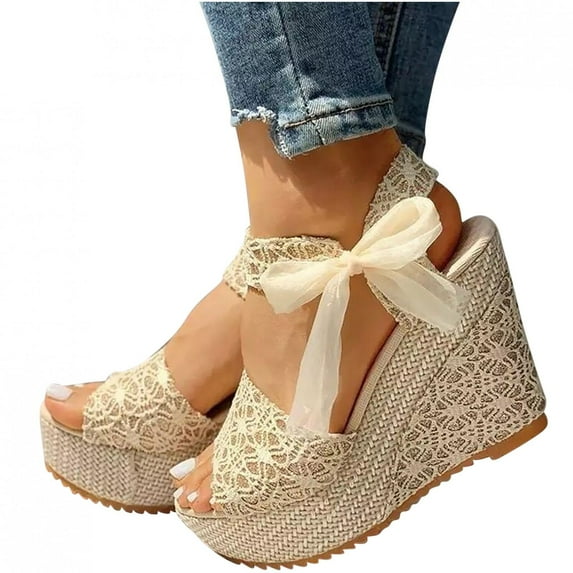 LoyisViDion Women Solid Summer Ladies Bandage Sandals Slope Heel Casual Beach Shoes Beige 7(38)
