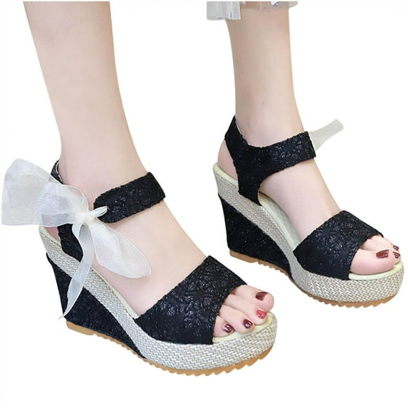 LoyisViDion Women Solid Summer Ladies Bandage Sandals Slope Heel Casual Beach Shoes Black 5(36)
