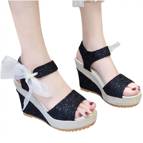 LoyisViDion Women Solid Summer Ladies Bandage Sandals Slope Heel Casual Beach Shoes Black 7(38)