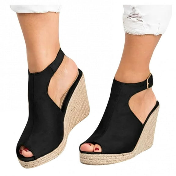 UTTOASFAY Women Solid Summer Ladies Comfy Sandals Slope Heel Casual Beach Shoes Black 6(37)