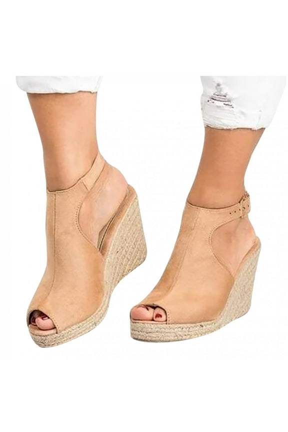 UTTOASFAY Women Solid Summer Ladies Comfy Sandals Slope Heel Casual Beach Shoes Khaki 5(36)