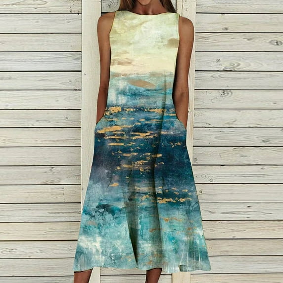 LoyisViDion Women Summer Print Beach Holiday Dress Round Neck Big Swing Pocket Maxi Dress Blue 8(L)