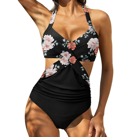LoyisViDion Women Swimsuits On Clearance Women Front Cross Cutout One-Piece Swimsuits Tummy Control Swimwear Tankini Monokini Beachwear Multicolor 6(M)