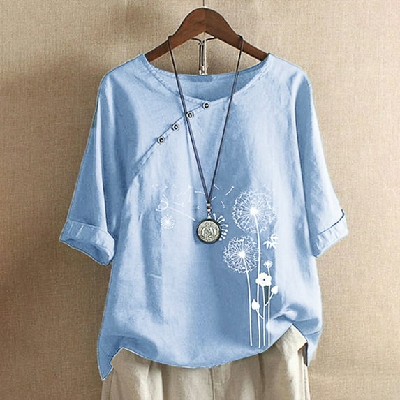 LoyisViDion Women Tops Fashion Women Casual Button Floral Print O-Neck Short Sleeve T-Short Blouse Tops Light blue 14(XXL)