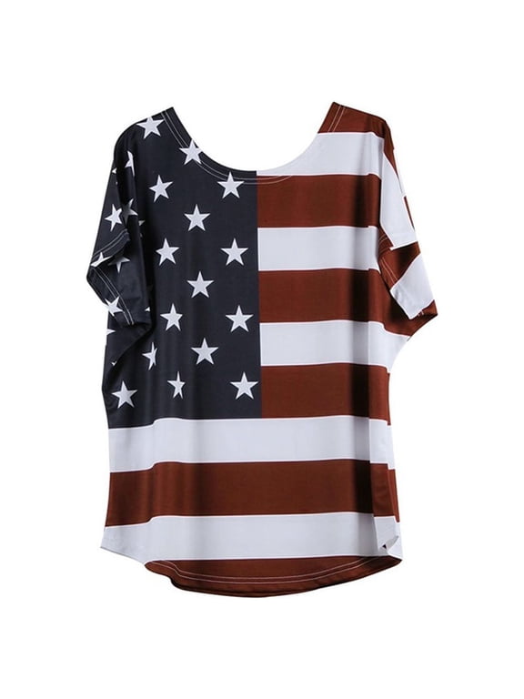 UTTOASFAY Women Tops Plus Size Women Fashion Loose Blouse Star Stripe Usa Flag America T-Shirt Red L