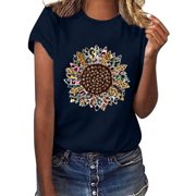 UTTOASFAY Women Tops Women Casual Letter Printing Short Sleeves O-Neck Loose T-Shirt Blouse Tops Navy XL
