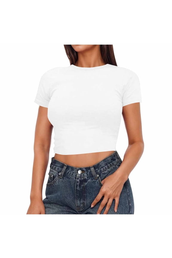 UTTOASFAY Crop Tops for Women Trendy Basic Tight Rounk Neck Crop Blouse Short Sleeve Crop Tops White 10(XL)