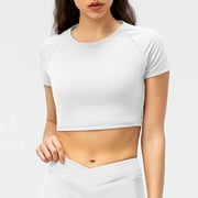 LoyisViDion Women Tops Women Crop Cute Trendy Basic Tight Rounk Neck Crop Blouse Short Sleeve Crop Tops White 12(XXL)