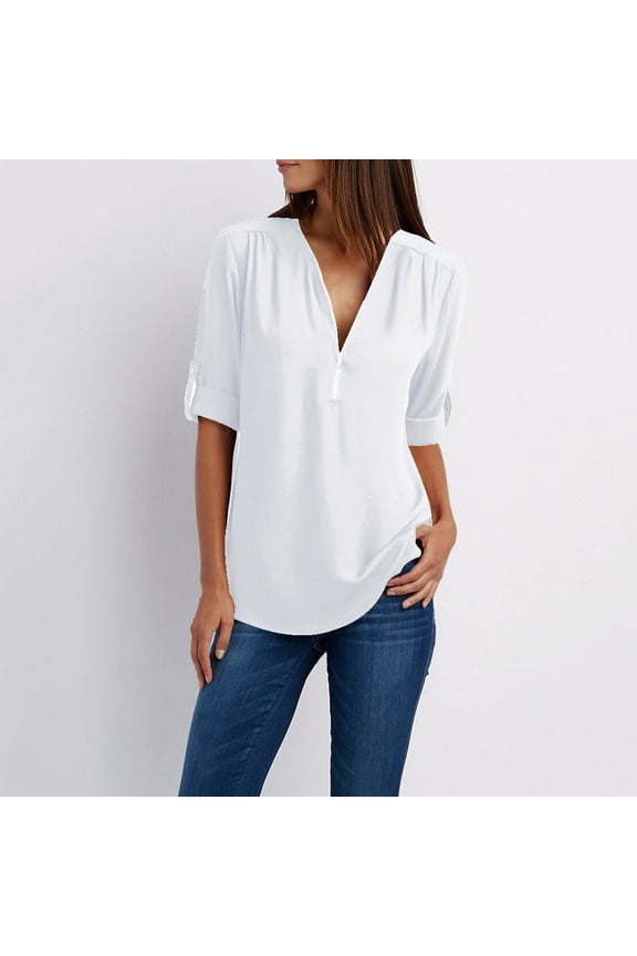 UTTOASFAY Women Tops Women Ladies Zipper Button Long Sleeves Loose Chiffon Shirt Clothing White M