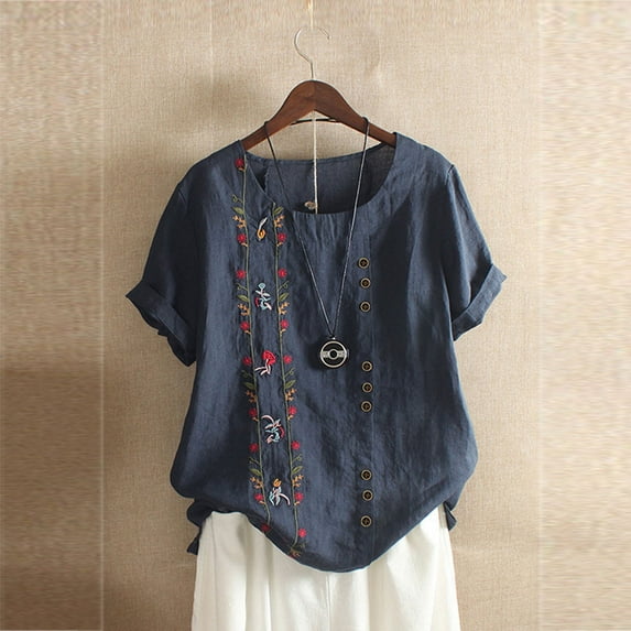UTTOASFAY Women Tops Clearance Women Lavender Flowers Printed Cotton and Linen Loose Casual Shirts Flash Picks Navy 12(XXL)
