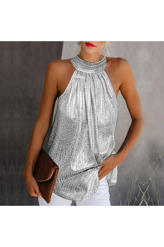 Women Tops Women Summer Solid Sequined Sleeveless Casual Halter Top Tank Shirt Vest Flash Picks Silver 12(XXL)