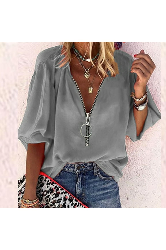 Women Tops Womens V-Neck Solid Zip Front Blouse Lantern Sleeve Loose Casual Top Shirts Gray 8(L)
