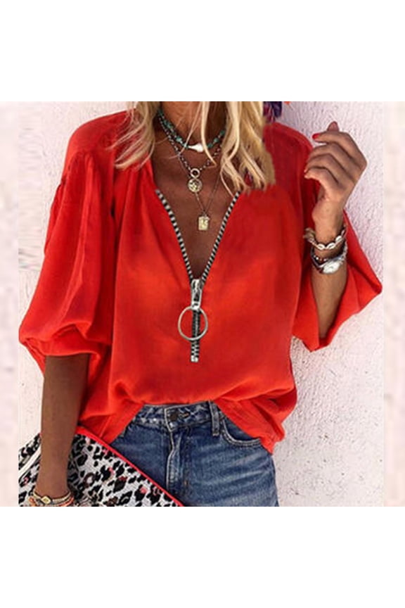 Women Tops Womens V-Neck Solid Zip Front Blouse Lantern Sleeve Loose Casual Top Shirts Red 12(XXL)