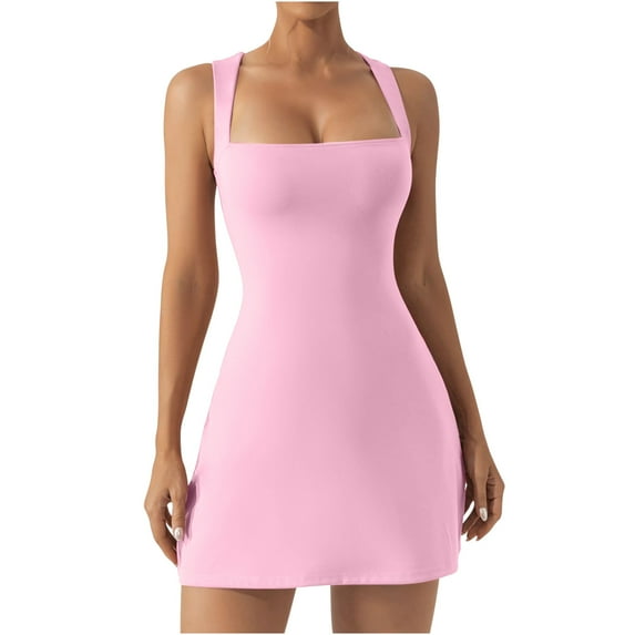 LoyisVidion Square Neck Fitted Mini Dress with Stretchy Fabric - Women's Neck Tight Sleeveless Bodice Dress Elastic Stretch Flare Mini Dress