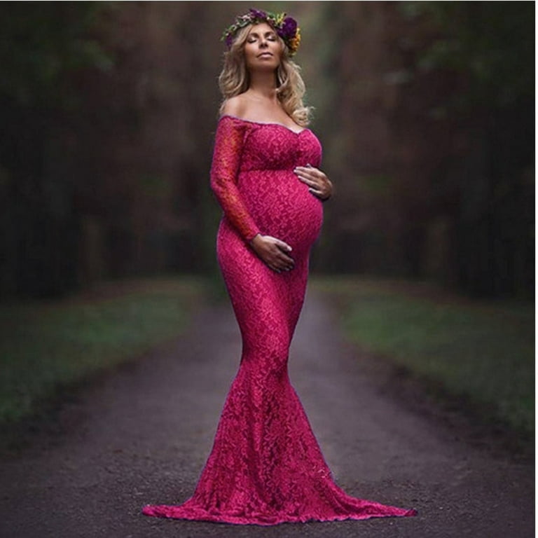 LoyisViDion Womens Maternity Dresses Clearance Ladies Fashion Sexy Mesh  Lace Long Sleeve Photography Mopping Long Dress Maternity Red S