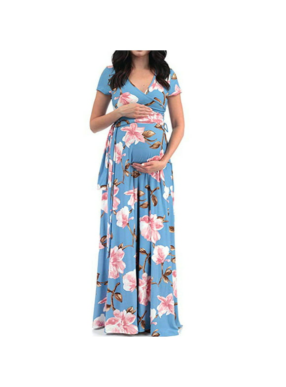 LoyisViDion Womens Maternity Dresses Clearance Plus Size Dress V-Neck Short-Sleeved Belt Printed Maternity Dress for Women Blue L