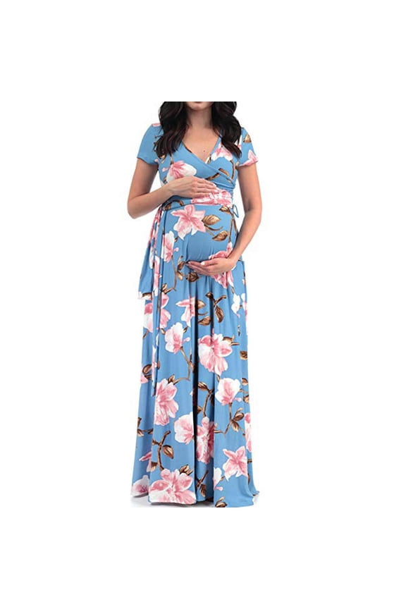 Womens Maternity Dresses Plus Size Dress V-Neck Short-Sleeved Belt Printed Maternity Dress for Women Blue XL