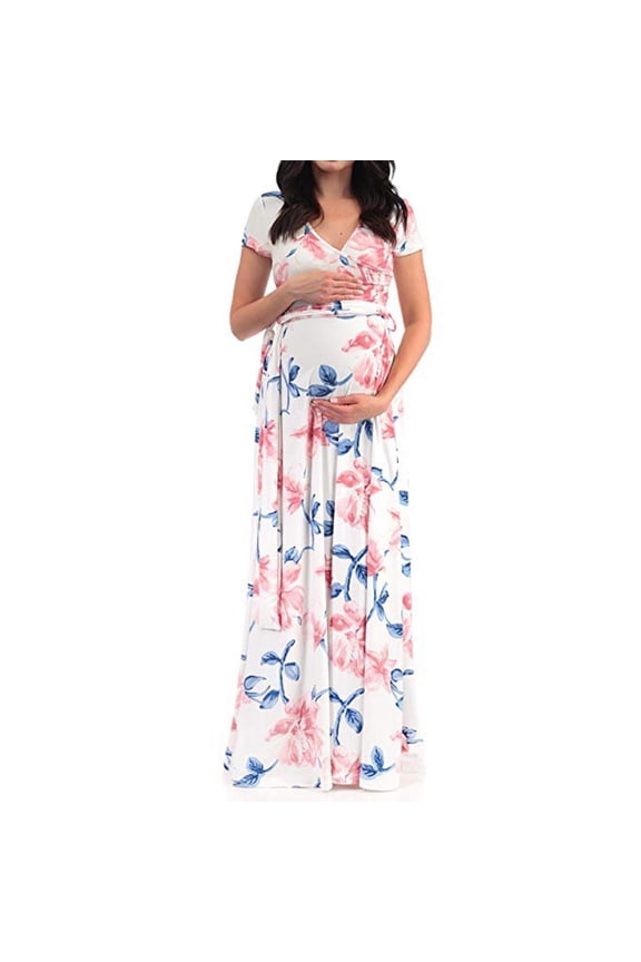 UTTOASFAY Womens Maternity Dresses Plus Size Dress V-Neck Short-Sleeved Belt Printed Maternity Dress for Women White XXXL