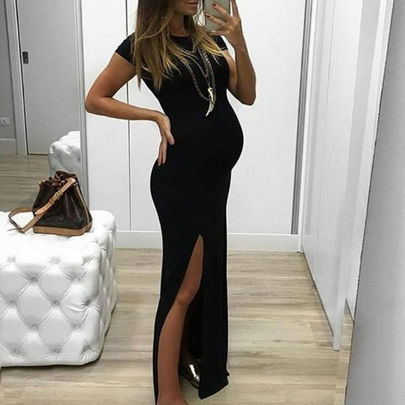 UTTOASFAY Womens Maternity Dresses Summer Round Short Sleeve Solid Color Split fork Maternity Dress Fashion Skirt Black L