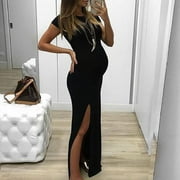 UTTOASFAY Womens Maternity Dresses Summer Round Short Sleeve Solid Color Split fork Maternity Dress Fashion Skirt Black XL