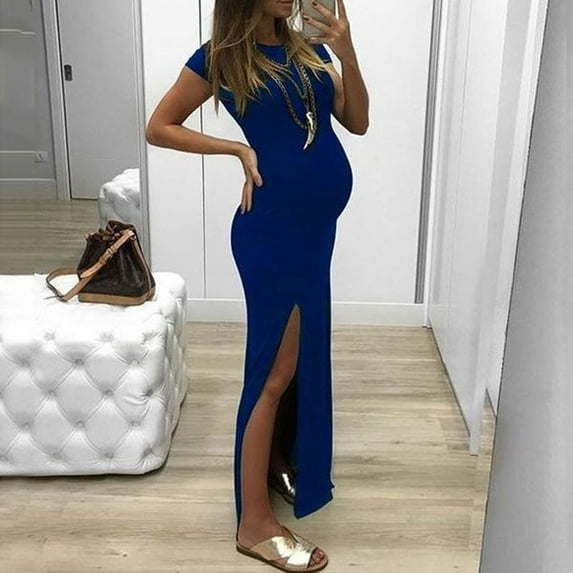 UTTOASFAY Womens Maternity Dresses Summer Round Short Sleeve Solid Color Split fork Maternity Dress Fashion Skirt Blue M