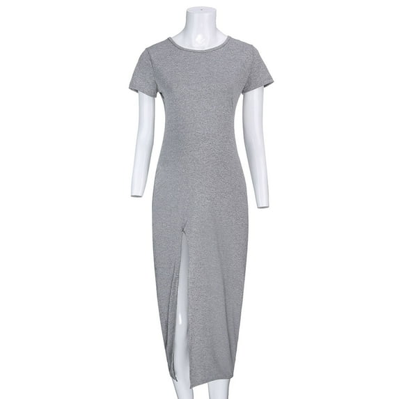 UTTOASFAY Womens Maternity Dresses Summer Round Short Sleeve Solid Color Split fork Maternity Dress Fashion Skirt Gray S