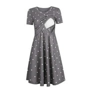 LoyisViDion Womens Maternity Dresses Clearance Woman Dots Print Short Sleeve Breast-Feeding Pregnant Maternity Nursing Dress Gray 4(S)