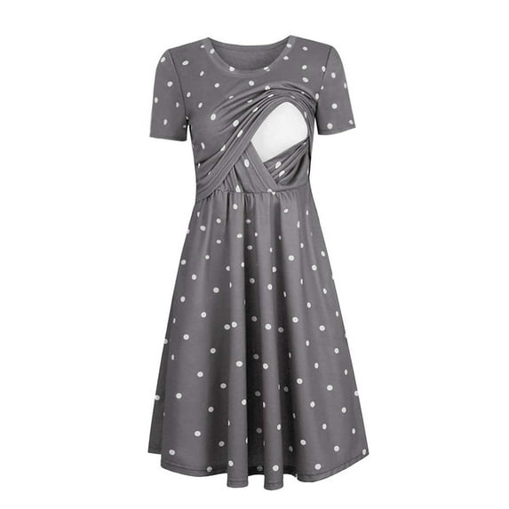 UTTOASFAY Womens Maternity Dresses Woman Dots Print Short Sleeve Breast-Feeding Pregnant Maternity Nursing Dress Gray 8(L)