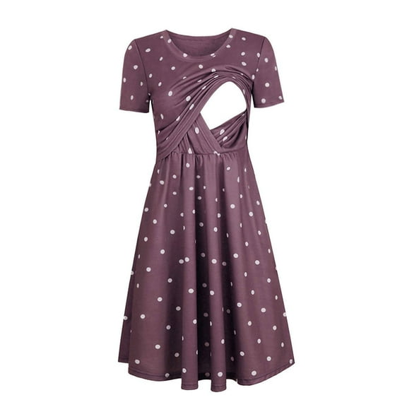 LoyisViDion Womens Maternity Dresses Woman Dots Print Short Sleeve Breast-Feeding Pregnant Maternity Nursing Dress Purple 12(XXL)