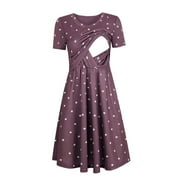 LoyisViDion Womens Maternity Dresses Clearance Woman Dots Print Short Sleeve Breast-Feeding Pregnant Maternity Nursing Dress Purple 6(M)