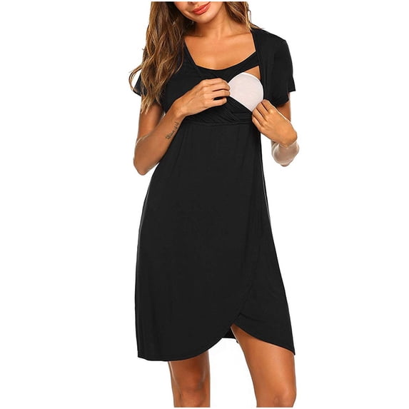 HWRETIE Womens Maternity Dresses Woman Solid Short Sleeve Breast-Feeding Pregnant Maternity Nursing Dress