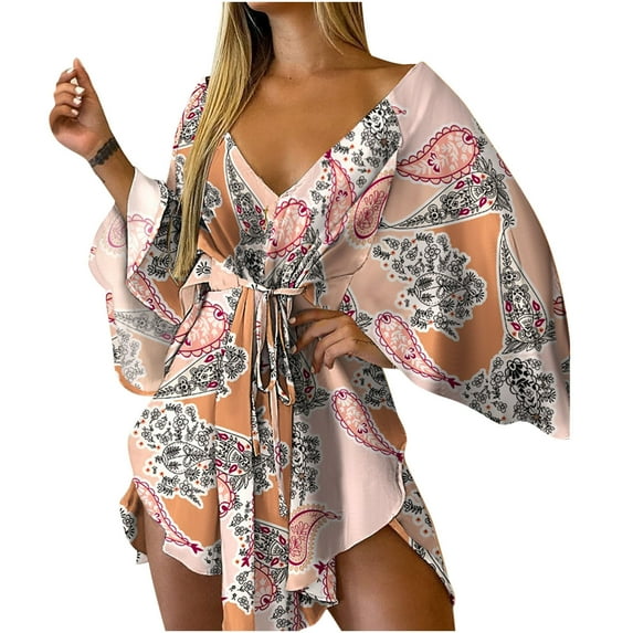 LoyisViDion Womens Plus Size Dresses Clearance Fashion Women Autumn V-Neck Dress Casual Printing Loose Comfy Short Sleeve Dress Pink 12(XXL)