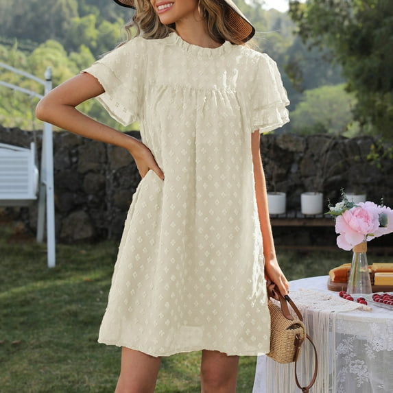 LoyisViDion Womens Plus Size Dresses Clearance Fashion Women Casual Loose Dress Solid Mesh Turtleneck Short Sleeve Long Dress Beige 6(M)