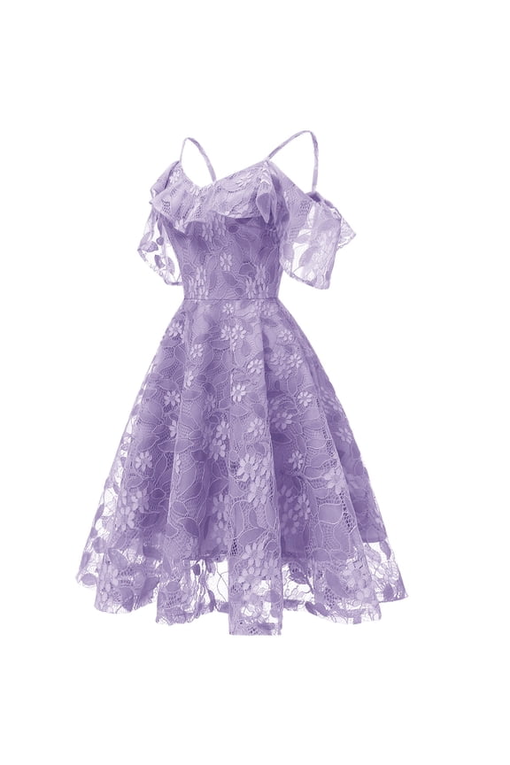 UTTOASFAY Womens Plus Size Dresses Women Lace off-the-Shoulder Sling Short Sleeves Dress Party Dress Cocktail Prom Ballgown Vintage Dress Purple 6(M)