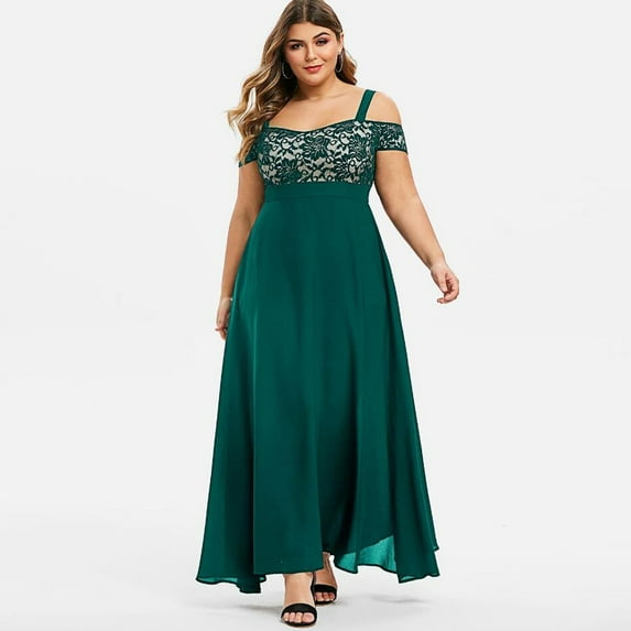 UTTOASFAY Womens Plus Size Dresses Women Plus Size Dress Cold Shoulder Floral Lace Maxi Party Evening Camis Long Dress Green 14(XL)
