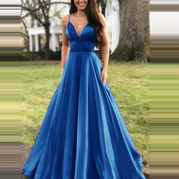 UTTOASFAY Womens Plus Size Dresses Women'S Fashion Solid Color Dress Sexy V-Neck Suspender Sleeveless Evening Dress Blue 4(S)