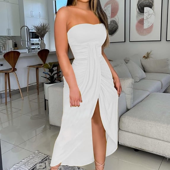 LoyisViDion Womens Plus Size Dresses Clearance Women'S Summer Solid Strapless Long Dress Beach Split Dress Party Club Dress White 4(S)