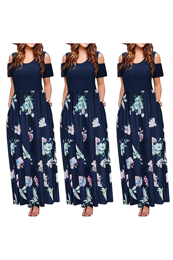 UTTOASFAY Womens Plus Size Dresses Women Summer Dress Cold Shoulder Floral Print Elegant Maxi Long Dress Pocket Dress Navy M