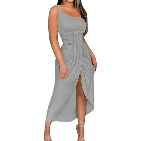 HWRETIE Womens Plus Size Dresses Clearance Women's Summer Solid Strapless Long Dress Beach Split Dress Party Club Dress Gray 8(L)