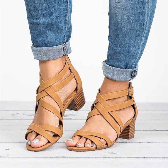 UTTOASFAY Womens Sandals New Cross Strap Zipper Sandals High Heel Chunky Heel Women Sandals Brown 9(41)