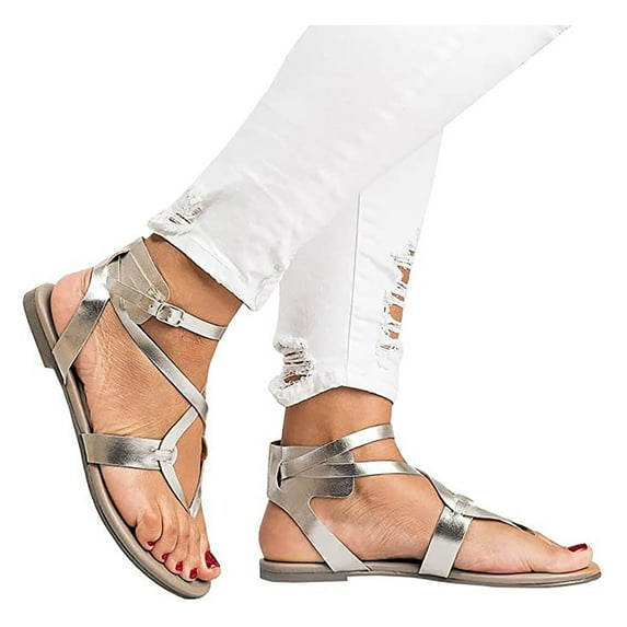 UTTOASFAY Womens Sandals New Lace-Up Flip Flat Sandals Ankle Ring Straps Large Size Women'S Shoes Silver 8(39)