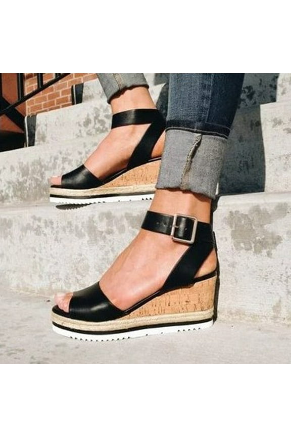 UTTOASFAY Womens Sandals Retro Womens Fashion Open Toe Ankle Platform Wedges Shoes Ladies Roman Sandals Black 6.5(38)