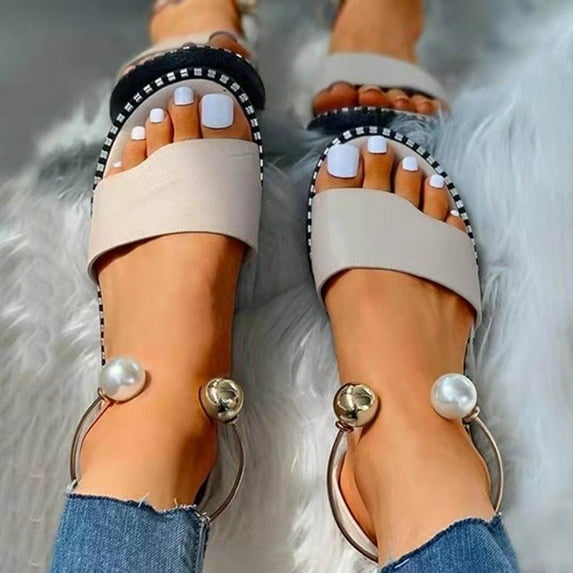 LoyisViDion Womens Sandals Clearance Sandals Women Flat Slippers Open Toe Pearl Comfy Beach Roman Shoes Flip Flop Rollback Beige 8