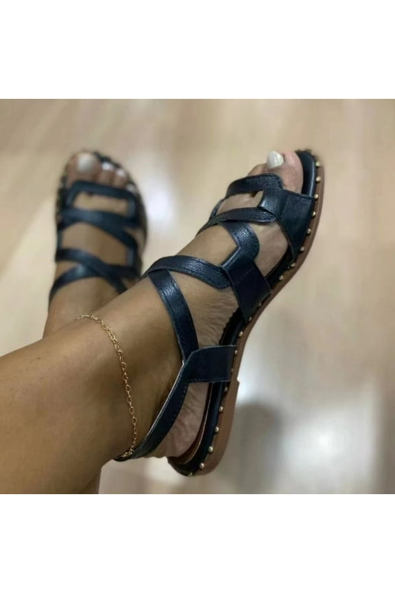 UTTOASFAY Womens Sandals Summer Ladies Shoes Casual Women'S Shoes Roman Flat Open Toe Sandals Black 4.5