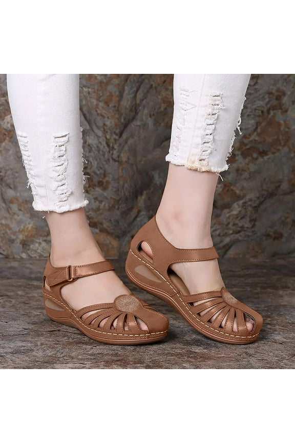 UTTOASFAY Womens Sandals Summer Ladies Shoes Wedge Heel Retro Hollow Out Casual Women's Sandals Brown 7.5